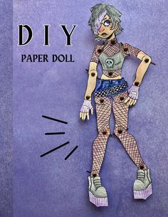 a paper doll wearing fishnet tights and stockings with text that reads diy paper doll