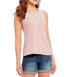 Lucky Brand Embroidered Leaf Ruched Back Tank Light Wash Tops For Summer, Spring Light Wash Relaxed Fit Tops, Light Wash Relaxed Fit Top For Spring, Spring Stretch Denim Top, Spring Stretch Light Wash Denim Top, Denim Tops For A Day Out In Spring, Stretch Light Wash Top For Day Out, Fitted Pink Denim Top, Pink Fitted Denim Top