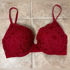 New Condition, Never Worn Elegant Red Bra Partially Lined, Fitted Red Lace Bra, Elegant Red Partially Lined Bra, Red Fitted Push-up Bra, Fitted Red Push-up Bra, Elegant Fitted Red Bra, Victoria's Secret Red Lined Bra, Victoria's Secret Red Bra For Night Out, Red Fitted Bra With Padded Cups