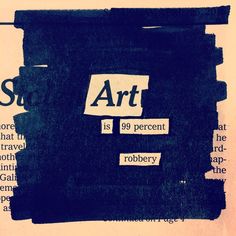 an advertisement for art is displayed on the back of a newspaper article with words written in black and white