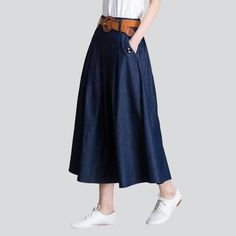 Navy flare long denim skirt online. Excellent jeans skirt from the 2022 Spring-Summer collection. The classic fashion style can work for a business meeting or everyday use. The deep and rich - dark blue color perfectly fits every person. An unwashed denim pattern gives a more elegant look. High-waist will stretch your legs and raise the shape of your natural. The cotton fabric features a soft feel. Diagonal pockets fit nicely to the body. Rubber makes it easy to dress/undress. Color: Dark Blue; Classic Fashion Style, Denim Skirts Online, Womens Denim Skirts, Love Street, High Waisted Denim Skirt, Denim Pattern, Long Denim Skirt, Jeans Skirt, Denim Patterns