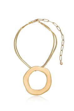 All people not wearing our open Open Circle Statement Necklace, take a seat. Wear this necklace and instantly command the room. As characterized by the other jewelry in our Liquid Gold collection, this necklace maintains beauty, elegance, and a sleek, liquified look. It's possible no other necklace we have is able to maintain such simplicity, while being so unapologetically bold. The Open Circle Statement Necklace features a naturally ridged pendant draping from a dual-layered chain dripping in Modern Gold Chain Pendant Jewelry, Adjustable Box Chain Necklace With Round Shape, Yellow Gold Medallion Jewelry, Adjustable Round Box Chain Necklace, Elegant Gold Chain Necklace With Large Pendant, Modern Gold Pendant Chain Necklace, Metal Necklace With Round Pendant And Box Chain, Metal Necklace With Box Chain And Round Pendant, Gold Circular Jewelry With Adjustable Chain