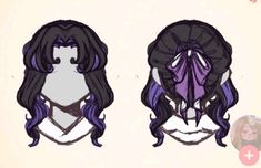 two different types of wigs with long hair and purple ribbons on them, one is wearing