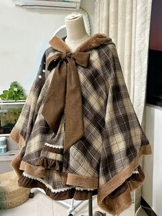 Hooded Cape, Cape Coat, Tie Bow, Outfit Making, Big Bow, Brown Plaid, Stepping Out, Big Bows, Pink Plaid