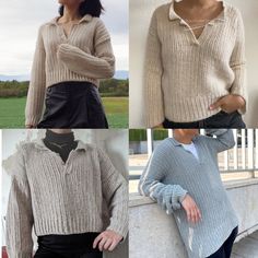 four pictures of women wearing sweaters and posing for the camera, one with her hands on her hips