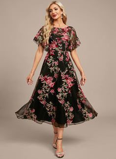 Floral Evening Dress, Floral Evening Dresses, Evening Dresses With Sleeves, Chiffon Evening Dresses, Lace Evening Dresses, Floral Chiffon, Tea Length, Custom Dresses, Color Swatches