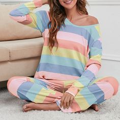 Season:Fall,Spring; Fabric:Cotton; Sleeve Length:Long Pant,Long Sleeve; Gender:Women's; Quantity:2 Pieces; Nightwear Style:Pjs,Nighty,Sets,Pajamas; Style:Fashion,Comfort,Soft; Elasticity:Micro-elastic; Tops Type:T shirt Tee; Occasion:Home,Bed,Daily; Age Group:Adults; Function:Breathable; Pattern:Stripe,Rainbow; Neckline:V Wire; Special Size:Plus Size; Bottom Type:Pant; Listing Date:10/08/2022; Hips:; Length [Bottom]:; Length [Top]:; Waist:; Print Type:3D Print; Bust:; Sleeve Length: Rainbow Pajamas, Sweat Suit Outfits, Lounge Wear Spring, Fall Yellow, Stripe Fashion, Cute Lounge, Pattern Rainbow, Comfort Fashion, Plus Size Pajamas