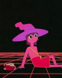 a cartoon character sitting on the ground with a purple hat over her head and a red object in front of her