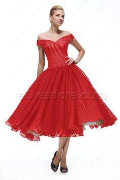 The red homecoming dress features off the shoulder neckline, checked organza fabric with nude lining, ball gown ksirt finishing with tea length. Blue Vintage Prom Dress, Prom Dresses Tea Length, Lavender Cocktail Dress, Tea Length Homecoming Dresses, Vintage Homecoming Dresses, Formal Fits, Ball Gowns Vintage, Vintage Prom Dresses, Dresses Tea Length