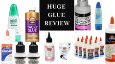 many different types of glues and bottles with the words huge glue review written on them