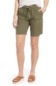 A roomy fit complements these longer-length shorts made from lightweight linen. 9" inseam; 22 1/2" leg opening; 10 1/2" front rise; 15" back rise (size Medium) Elastic/drawstring waist 100% linen Machine wash, line dry Imported Linen Bermuda Shorts With Built-in Shorts And Relaxed Fit, Vacation Bermuda Shorts With Relaxed Fit, Summer Bottoms With Pockets, Mid-thigh Length, Summer Bottoms With Pockets Mid-thigh Length, Casual Bermuda Shorts With Pockets Mid-thigh Length, Knee-length Bottoms With Built-in Shorts For Vacation, Casual Knee-length Beach Bottoms, Casual Linen Shorts For Spring, Summer Cotton Bermuda Shorts With Mid-thigh Length