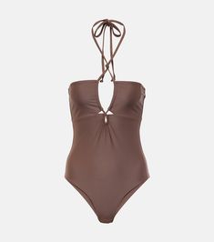 Ola halterneck swimsuit in brown - Faithfull | Mytheresa Chic Nylon Halter Neck Swimwear, Stretch Polyamide Swimwear For Beach Party, Polyamide Halter Neck Swimwear, Stretch Polyamide Halter Neck Swimwear, Chic Polyamide Swimwear For Vacation, Chic Polyamide Swimwear For Beach Season, Polyamide Halter Neck Swimwear For Beach, Polyamide Tankini For Beach Party, Backless Polyamide Swimwear For Summer