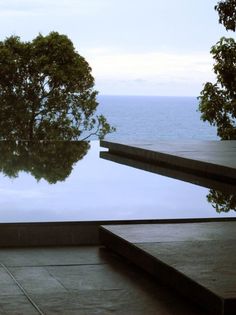 an empty swimming pool with trees and the ocean in the background