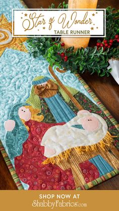 Celebrate Christmas with the Star of Wonder Table Runner designed by Nancy Halvorsen featuring richly colored fabrics from her beautiful Star of Wonder - Star of Light collection. This runner illustrates a lovely vision of the Nativity with darling laser cut applique versions of Jesus, Mary, and Joseph adorning each side of the runner with a shining star at the center and exciting embellishments like Joseph's dimensional mustache and Lori Holt's Chunky Thread for the hay.