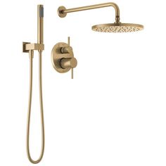 an image of a shower head and handset with thermostaer in brushed brass