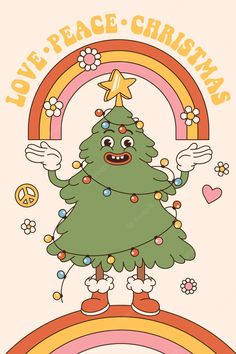 a cartoon christmas tree standing in front of a rainbow with peace and love written on it