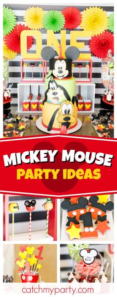 mickey mouse party ideas including cake, cupcakes and decorations