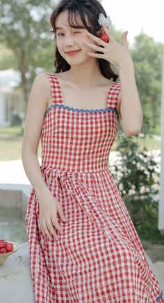 Thick cami strap midi dress with a square neckline, scallop trims and daisy gingham print all over. Wear on its own or layer with a blouse for all the picnic vibes. Concealed back zipper. S: 31.5" chest, 25" waist, 43" lengthM: 33" chest, 26.5" waist, 43" lengthL: 34.5" chest, 28" waist, 44" length Square Neck Lined Sundress For Brunch, Square Neck Lined Sundress For Day Out, Red Midi Dress With Straight Neckline For Summer, Lined Sundress With Square Neck For Summer, Cotton Dresses With Adjustable Straps For Picnic, Cotton Dress With Adjustable Straps For Picnic, Cotton Dress With Adjustable Straps For Picnics, Summer Cotton Midi Dress With Square Neck, Summer Sundress With Square Neck