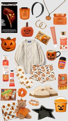 an assortment of items that include pumpkins, candles and other things to decorate for halloween