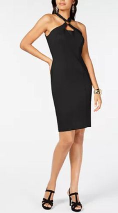 High neckline with cutout, gold-tone ring|Zipper closure at back|Shell: polyester/spandex; lining: polyester|Machine washable|Imported Purple Lace Dress, Strapless Lace Dress, Scuba Dress, Women Halter, Black Sheath Dress, Medium Dress, Small Dress, Halter Neckline, Ruched Dress