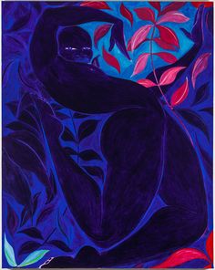 an abstract painting of a black bear surrounded by red and blue leaves on a purple background