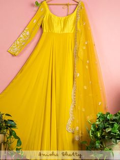 Tuscan Yellow Anarkali Set - Anisha Shetty - East Boutique Yellow White Anarkali Suits, Yellow Georgette Anarkali, Yellow Anarkali Suits, Anarkali Georgette, Yellow Anarkali, Dori Work, Anarkali Dresses, Georgette Anarkali, Anarkali Dress Pattern