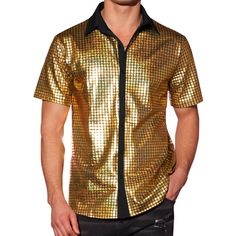 Experience the dazzling charm of metallic patterns, boasting short sleeves and a button-down silhouette designed for the ultimate party and nightclub revelry. These shirts exude an irresistible sheen and captivating glitter, making them impossible to overlook. Elevate your style and make a statement by donning these short-sleeved metallic button-down shirts. Their eye-catching charm is sure to set you apart from the crowd. For an effortlessly chic look, consider pairing these shiny disco shirts Disco Style Short Sleeve Summer Shirt, Fitted Collared Shirt For Party, Summer Disco Style Short Sleeve Shirt, Fitted Short Sleeve Shirt For Party Season, Fitted Short Sleeve Party Shirt, Gold Shirt For Summer Party, Fitted Gold Shirt For Night Out, Fitted Gold Shirt For Summer, Disco Style Shirt For Night Out In Summer