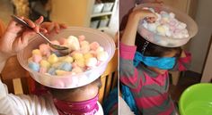 two pictures one with a bowl and the other with marshmallows in it