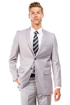 Men's Basic 2 Button Slim Fit Wedding Suit in Light Grey Tailored Wedding Suits With Hidden Button Closure, Professional Notch Lapel Wedding Blazer, Slim Fit Single Breasted Wedding Sets, Tailored Professional Wedding Blazer, Fitted Wedding Suits With Hidden Button Closure, Fitted Blazer With Suit Collar For Wedding, Fitted Blazer For Wedding With Suit Collar, Wedding Blazer With Fitted Suit Collar, Fitted Wedding Blazer With Suit Collar