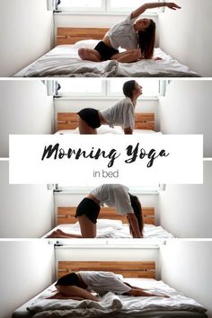 a man and woman doing yoga on their bed in the same room, with text reading morning yoga i'm bed