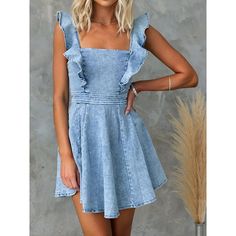 Season:Summer; Fabric:Denim; Sleeve Length:Sleeveless; Look After Me:Machine wash; Gender:Women's; Style:Basic,Casual,Streetwear; Elasticity:Micro-elastic; Occasion:Date,Vacation,Street,Holiday; Fit Type:Regular Fit; Dresses Type:Sundress,Summer Dress,Denim Dress; Design:Ruffle,Backless; Neckline:Spaghetti Strap; Listing Date:06/03/2024; Bust:; Hips:; Length:; Waist:; Fit US Size:; Fit UK Size:; Fit EU Size:; Dress Length Type:Mini Dress; Print Type:non-printing Casual Sleeveless Denim Dress With Ruffles, Trendy Denim Blue Dress With Spaghetti Straps, Casual Blue Sundress With Ruffled Straps, Sleeveless Denim Blue Ruffled Denim Dress, Casual Fitted Sundress With Ruffled Straps, Summer Denim Dress With Spaghetti Straps, Spring Sleeveless Denim Dress With Ruffles, Blue Sleeveless Denim Dress With Ruffles, Sleeveless Blue Denim Dress With Ruffles