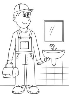 a man in overalls is holding a wrench while standing next to a sink