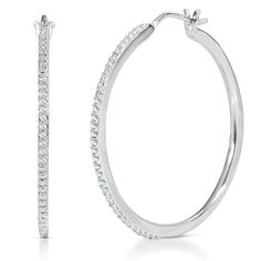 These lovely sterling silver 31 millimeter hoop earrings are embellished with round diamond accents. Hoop Diamond Earrings, Helzberg Diamonds, Diamond Engagement Wedding Ring, Basic Jewelry, Bow Jewelry, Berkshire Hathaway, Broken Chain, Sterling Silver Hoop Earrings, Jewelry Outfit