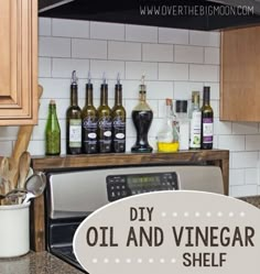 an old and vinegar shelf in the kitchen with bottles on it, next to a microwave