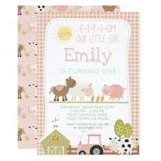 a farm birthday party card with animals and farm animals on it's pink gingham background