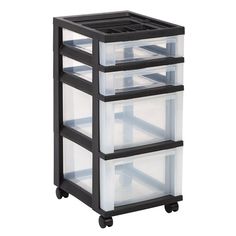 three plastic drawers on wheels with black frame and white bottom, each containing four clear bins