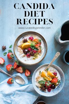 two bowls filled with oatmeal and fruit on top of a blue table