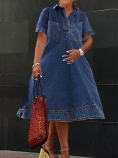 Denim Dress Outfit Summer, Denim Shirt Dress Outfit, Nigeria Dress, Loose Denim Dress, Denim Shirt Dress Women, Casual Denim Dress, Shirt Collar Pattern, Sweet Dresses, Blue Jean Dress