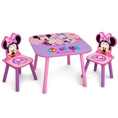 children's table and chairs with minnie mouse faces on them, set against a white background