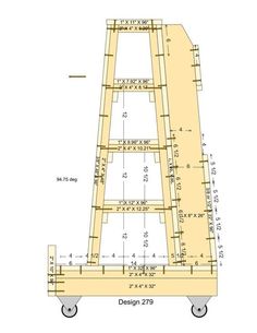 a wooden ladder with wheels and measurements