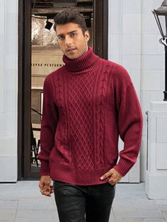 Men's Solid Color Turtleneck Long Sleeve Simple Knit Sweater, Casual Daily Wear Burgundy Casual  Long Sleeve Fabric Plain Pullovers Slight Stretch Fall/Winter Men Clothing, size features are:Bust: ,Length: ,Sleeve Length: Simple Knit Sweater, Turtleneck Long Sleeve, Long Sleeve Pullover Sweater, Knitwear Men, Camisa Polo, Kids Sleepwear, Fitted Sweater, Men Clothing, Long Sleeve Sweatshirts