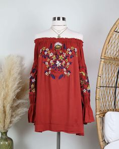 This off-the-shoulder dress with embroidered detailing is perfect for the spring and summer seasons. Wear this with your favorite sandals for a casual and cute outfit! unlined but opaque off the shoulder flowy dress 100% rayon imported MEASUREMENTS FOR MUSTARD & RUST, DENIM SEE CHART BELOW XS S M L BUST 36" 38" 40" 42" LENGTH 26" 27" 27.5" 28" SHOULDER-SHOULDER 13" 13.5" 14" 14.5" SLEEVE LENGTH 22" 22.5" 23" 24" MEASUREMENTS FOR DENIM COLOR, MUSTARD & RUST SEE CHART ABOVE XS S M L BUST 3