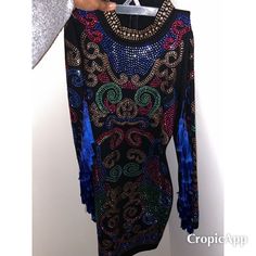 Black Colorful Rhinestoned Tassel Dress Multicolor Festival Dress For Party Season, Multicolor Dress For Festival And Party, Multicolor Dresses For Festival And Party Season, Embellished Multicolor Mini Dress, Fitted Multicolor Dress With Tassels, Fitted Multicolor Dresses With Tassels, Bohemian Multicolor Fringe Dress, Embellished Multicolor Dress For Party Season, Blue Fitted Dress With Tassels