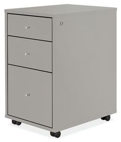 an office file cabinet with three drawers on casteors and wheels, in green color