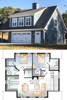 two story house plans with garage and living room on the first floor are shown in this image