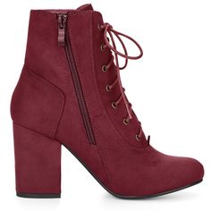 A pair of ankle booties features a lace-up front, a chunky high heel, and a classic rounded toe. A side zipper is added to ease you in and out. Lace Up Booties; Round Toe; Chunky High Heel; Vamp: Faux Suede; Outsole: Rubber; Heel: ABS; Heel Height: 3 3/8 inches; Occasion: Office, Interview, Party, Casual, Halloween days, Christmas Days, Dating, Evening. Elevate your body type and make you naturally look comfortable in your skin and body. Good options for parties, sweet dating, shopping, festival Fall High Heel Lace-up Boots With Stacked Heel, Fall Lace-up Boots With Block Heel, Medium Width, Fall Lace-up Boots With Block Heel And Medium Width, Fall Lace-up Boots With Block Heel, Lace-up Booties With Reinforced Heel, Fall Lace-up Boots With Block And Reinforced Heel, Fall Lace-up Boots With Reinforced Block Heel, Winter Lace-up Boots With Block Heel And Reinforced Heel, Winter Lace-up Boots With Reinforced Block Heel