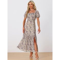 This dress has a smocked design, a square neckline, a ruffle swing, a floral print, a hidden side zipper, a tiered split hem, and a flowy look. It is a great choice for the spring or summer season. The square neck provides a cooling effect, while the smocked design adds a touch of elegance, making you look agile and attractive. You can pair it with flip-flops for a beach-ready look. Flowy Smocked Dress With Square Neck For Vacation, Square Neck Smocked Dress For Vacation, Flowy Smocked Square Neck Dress For Beach, Flowy Square Neck Smocked Dress For Beach, Fitted Smocked Dress With Ditsy Floral Print For Vacation, Floral Square Neck Smocked Dress For Garden Party, Square Neck Smocked Dress With Floral Print For Beach, Square Neck Smocked Dress With Floral Print For Brunch, Flowy Smocked Dress With Square Neck