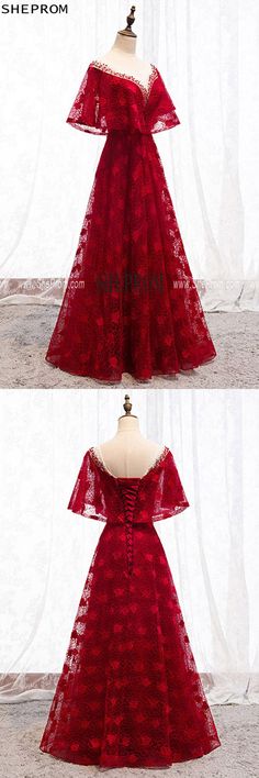 Formal Long Red Lace Burgundy Dress With Cape Red Lace Dress Long, Lace Dresses Long, Red Lace Dresses, Trendy Dress Styles, Dress With Cape, Lace Burgundy Dress, Vintage Formal Dresses, Trendy Dress, Red Lace Dress