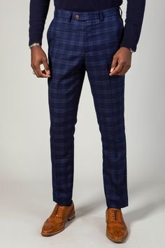 CHIGWELL - Blue Tweed Check Trousers Fitted Tweed Pants For Business Casual, Formal Blue Dress Pants For Fall, Blue Dress Pants For Formal Fall Occasions, Blue Dress Pants For Fall Formal Events, Blue Formal Dress Pants For Fall, Blue Business Pants For Fall, Blue Wool Bottoms With Welt Pockets, Tailored Blue Wool Pants, Fitted Wool Plaid Bottoms