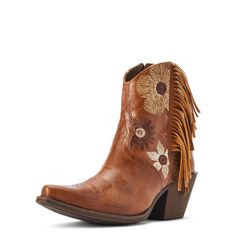 Pretty floral stitching and a pop of fringe add a whimsical touch to any outfit. Feminine and flirty, it'll be the star of your wardrobe, whether you're dressing for the rodeo or a festival.\n\t\tFlorence Western Boot | Women's Florence Western Boots in Tangled Tan, Size: 8.5 B / Medium by Ariat Mexican Boots For Women, Mexican Boots, Cowgirl Ankle Boots, Floral Stitching, Fringe Ankle Boots, Western Outfits Women, Western Boots Women, Fringe Boots, Western Boot